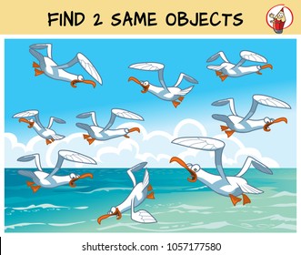 Find two the same seagulls in the picture. Educational matching game for children. Cartoon vector illustration