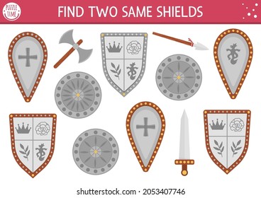 Find two same shields. Fairytale matching activity for children. Magic kingdom educational quiz worksheet for kids for attention skills. Simple printable game with knight sward or armor
