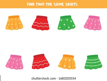 Find two the same skirts. Educational game for kids. Printable worksheet.