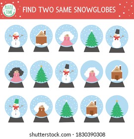 Find two same snow globes. Christmas matching activity for children. Funny educational winter logical quiz worksheet for kids. Simple printable New Year game with traditional toy
