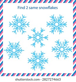 Find two same snowflakes. Logic game. Worksheet. Vector illustration for children's entertainment, activity book, print.