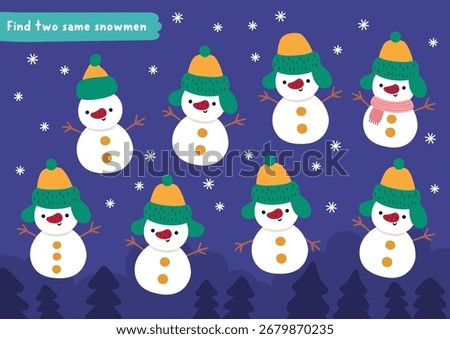 Find two same snowmen. Christmas matching activity for children. Winter holiday educational quiz worksheet for kids for attention skills. New Year printable game with cute night snowy scene
