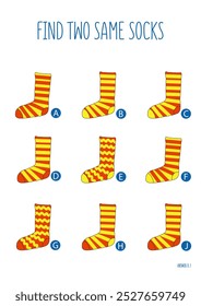 Find two same socks. Logic game. Vector illustration. Worksheet for children's activity book.