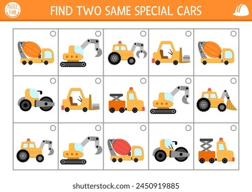 Find two same special cars. Construction site matching activity for children. Building works educational quiz worksheet for kids for attention skills. Simple printable game with cute vehicles
