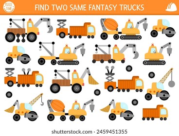 Find two same special fantasy cars. Construction site matching activity for children. Building works educational quiz worksheet for kids. Simple printable game with cute funny vehicles
