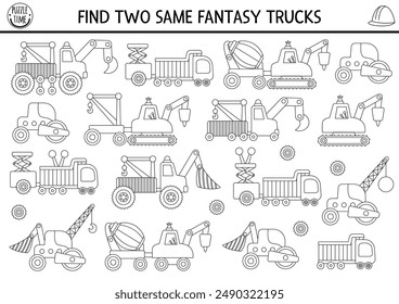 Find two same special fantasy cars. Construction site black and white matching activity. Building works educational quiz worksheet for kids. Simple printable game or coloring page with vehicles
