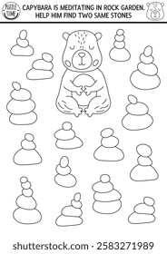 Find two same stone pyramids. Capybara black and white matching activity for children. Educational line quiz worksheet for kids. Printable game, coloring page with capibara meditating in rock garden
