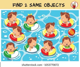 Find two the same swimming kids in the picture. Educational matching game for children. Cartoon vector illustration