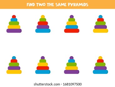 Find two the same toy pyramids. Logical game for children.