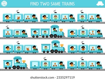 Find two same trains. Transportation matching activity for children. Railway transport educational quiz worksheet for kids for attention skills. Simple printable game with cute engines
