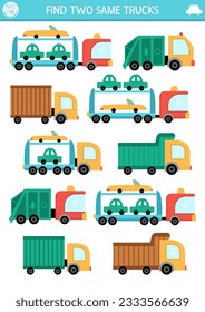 Find two same trucks. Transportation matching activity for children. City transport educational quiz worksheet for kids for attention skills. Simple printable game with cute lorries
