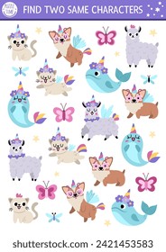 Find two same unicorn animals. Magic world matching activity for children. Fantasy or fairytale educational quiz worksheet for kids for attention skills. Simple printable game
