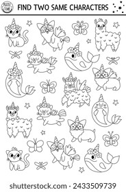 Find two same unicorn animals. Magic world black and white matching activity for children. Fantasy or fairytale educational line quiz worksheet for kids. Simple printable game or coloring page
