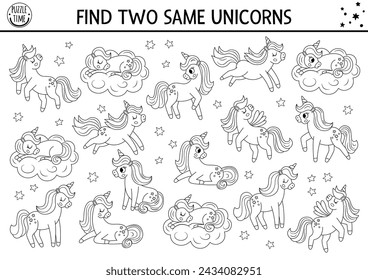 Find two same unicorns coloring page. Magic world matching activity for children. Fantasy or fairytale educational quiz worksheet for kids. Black and white printable game with pony, star, cloud
