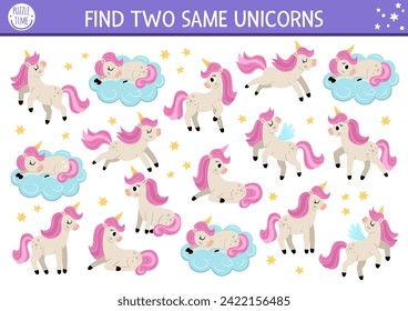 Find two same unicorns. Magic world matching activity for children. Fantasy or fairytale educational quiz worksheet for kids for attention skills. Simple printable game with cute pony, stars, clouds
