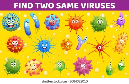 Find two same viruses kids education game with cartoon viruses, microbes and bacteria funny vector characters. Child riddle, differences comparing playing activity worksheet or puzzle logical game