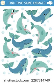 Find two same water animals. Under the sea matching activity for children. Ocean life educational quiz worksheet for kids for attention skills. Simple printable game with cute whales and dolphins
