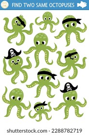 Find two same water animals. Under the sea matching activity for children. Ocean life educational quiz worksheet for kids for attention skills. Simple printable game with cute pirate octopuses
