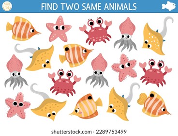 Find two same water animals. Under the sea matching activity for children. Ocean life educational quiz worksheet for kids for attention skills. Simple printable game with cute fish, crab, starfish
