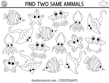 Find two same water animals. Under the sea black and white matching activity. Ocean life line educational quiz worksheet for kids. Simple printable coloring page with cute fish, crab, starfish
