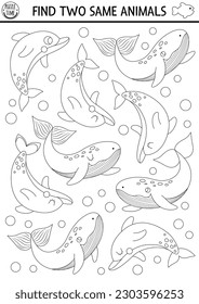 Find two same water animals. Under the sea black and white matching activity. Ocean life line educational worksheet for kids. Simple printable game, coloring page with whales and dolphins
