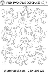 Find two same water animals. Under the sea black and white matching activity for children. Ocean life line educational worksheet for kids. Simple printable coloring page with cute pirate octopuses
