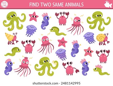 Find two same water animals. Fairytale ocean kingdom matching activity for children. Marine educational quiz worksheet for kids. Simple printable game with crab, jellyfish, starfish, octopus
