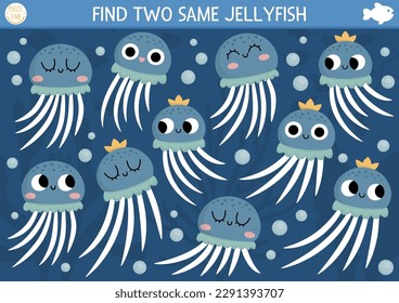 Find two same water jellyfish. Under the sea matching activity for children. Ocean life educational quiz worksheet for kids for attention skills. Simple printable game with cute water animals
