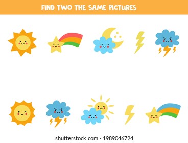 Find two the same weather pictures. Educational logical game for kids.