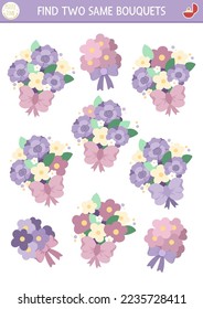 Find two same wedding bouquets. Marriage ceremony matching activity for children. Educational quiz worksheet for kids for attention skills. Simple printable game with bride flower arrangements
