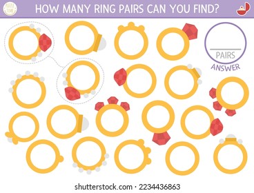 Find two same wedding rings. Marriage ceremony matching activity for children. Educational quiz worksheet for kids for attention skills. Simple printable game with bride and groom symbol
