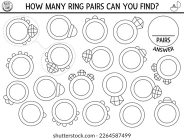 Find two same wedding rings. Marriage ceremony black and white matching activity for children. Educational coloring page worksheet for kids. Printable game with bride and groom
