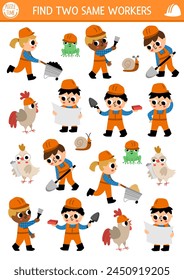 Find two same workers. Construction site matching activity for children. Building works educational quiz worksheet for kids for attention skills. Simple printable game with cute builders
