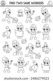 Find two same workers. Construction site black and white matching activity. Building works educational quiz worksheet for kids for attention skills. Simple printable game, coloring page with builders
