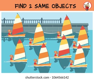 Find two same yachts in the picture. Educational game for children. Cartoon vector illustration