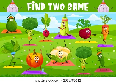 Find Two Same Yoga Fitness Cartoon Vegetables, Vector Kids Or Tabletop Riddle. Find And Match Correct Spinach, Avocado And Cucumber On Sport Training Or Yoga Exercise On Field, Board Game Puzzle