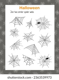 Find two similar Halloween spider webs educational activity for children, outline hand drawn vector illustration of puzzle game, simple cartoon doodle fancy insect worksheet