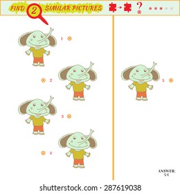Find two similar pictures. Puzzle or picture riddle. Education matching game for preschool children. Cartoon elephant. Answer included