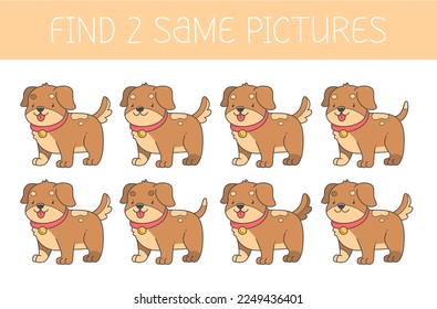 Find two some pictures is an educational game for kids with a dog. Cute cartoon puppy. Vector illustration.