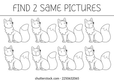 Find two some pictures is an educational game for kids with fox. Cute fox coloring book. Vector illustration.