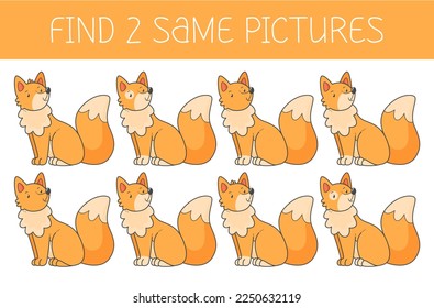 Find two some pictures is an educational game for kids with fox. Cute cartoon fox. Vector illustration.