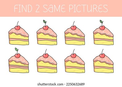 Find two some pictures is an educational game for kids with cake. Cute cartoon cake. Vector illustration.
