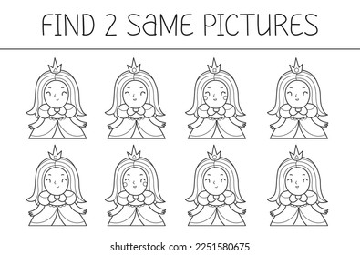 Encontrar dos fotos es un juego educativo para niños con princesa. Libro de colorido de princesa linda. Ilustración vectorial.