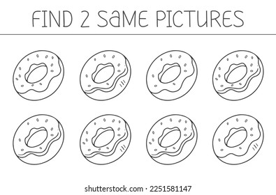 Find two some pictures is an educational game for kids with donut. Cute donut coloring book. Vector illustration.