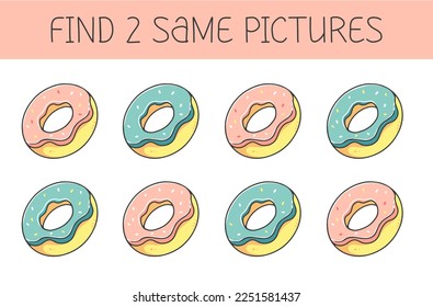 Finden Sie zwei Bilder ist ein pädagogisches Spiel für Kinder mit Donut. Cute Cartoon Donut. Vektorgrafik.