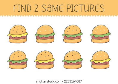 Find two some pictures is an educational game for kids with burger. Cute cartoon hamburger. Vector illustration.