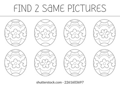 Find two some pictures is an educational game for kids with easter egg. Cute easter egg coloring book. Vector illustration.