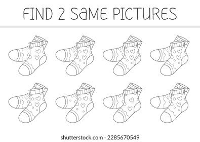 Find two some pictures is an educational game for kids with socks. Cute socks coloring book. Vector illustration.