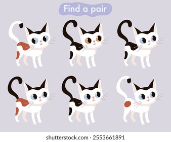 Find two some pictures educational game for kids with cute cat. Vector illustration. Find two identical game. Logical puzzle, brain teaser for children.
