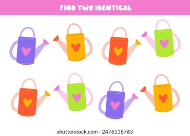 Find two watering cans of the same color. Logic game for attention. Educational games for children. Set of colorful watering cans. Educational cards for children.